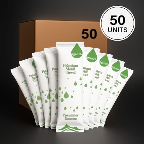 BlueWater (50-Pack) Individually-Wrapped Moist Scented Towels - Single-Use Premium Body Wipes (12x12, Cucumber)