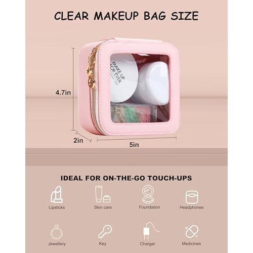 Small Clear Makeup Bag for Purse, Cute Mini Clear Cosmetic Bag Case Organizer, TSA Approved Square Small Makeup Case Pouch with Zipper, Car Travel Purse Essentials for Women (Pink, S)