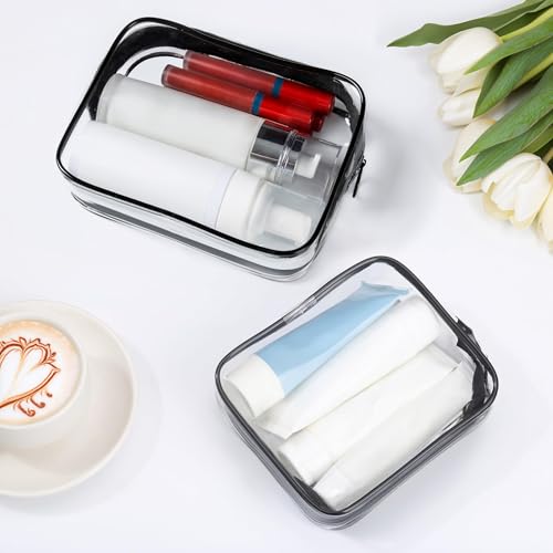 Clear Makeup Bag, 2 Pack TSA Approved Toiletry Bag for Travel Size Toiletries, Quart Size Clear Cosmetic Organizer bag for Women Men, Carry on Airport Airline Compliant Bag(Black-2pcs)
