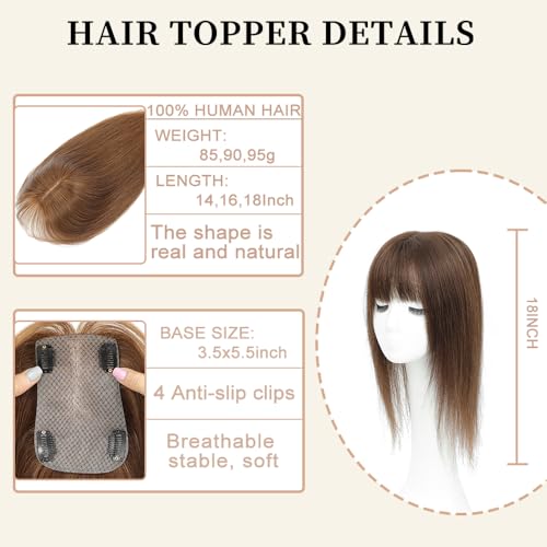 Hair Toppers for Women Real Human Hair,360¡Æ3D Big Basement Cover Topper for Women with Thinning Crown with Wispy Clip in Bangs Realistic Scalp (Medium brown, 3D Wispy Bangs 18INCH)