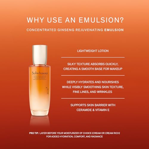 Sulwhasoo Concentrated Ginseng Rejuvenating Emulsion- Korean Ginseng & Peptide Face Lotion with Shea Butter to Help Smooth, Hydrate & Visibly Improve Wrinkes, 4.22 fl. oz.
