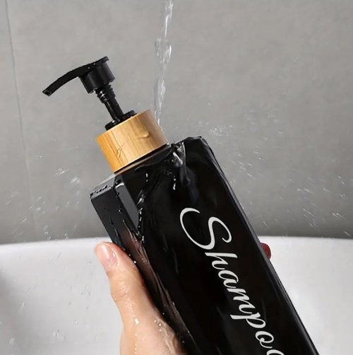 uMadeUs Refillable Shampoo and Conditioner Dispenser - Essentials Toiletries Accessories for Containers, Toiletry Lotion Liquids Bottle Soap Container Set - Black Square Bamboo Cap 1