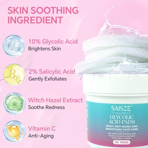 Glycolic Acid Pads for Face, Exfoliating Pads for Facial Radiance with Salicylic Acid, 50 Count
