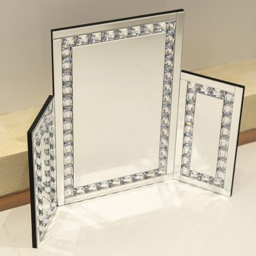 Silver Trifold Mirror -Hollywood Large Vanity Trifold Makeup Mirror, 3 Side Folding Tabletop Mirror £¬Braiding Hair, Makeup 360¡Æ Way