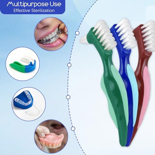 3 Pcs Hard Denture Brush, 3 Colors Premium Hygiene Denture Cleaning Brush for Denture Care, Double Sided Toothbrush with Multi-Layered Bristles & Rubber Anti-Slip Handle