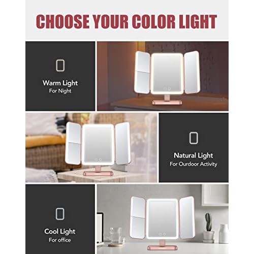 EASEHOLD Rechargable Makeup Mirror Vanity Mirror with Lights, 5000Mah & USB Cable, 112 LEDs Lighted Trifold Mirror with 1X 2X 3X 10X Magnification, Smart Touch, Portable Cosmetic Beauty Mirror