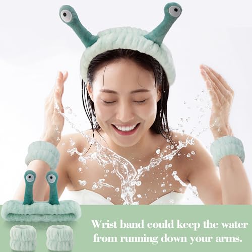 SuPoo 3pcs Snail Face Wash Headband and Wristband Set, Green, Puffy Microfiber Fleece Material, Cute Wrist Towels, for Spa, Sports, Yoga, Face-Washing, Makeup and Shower