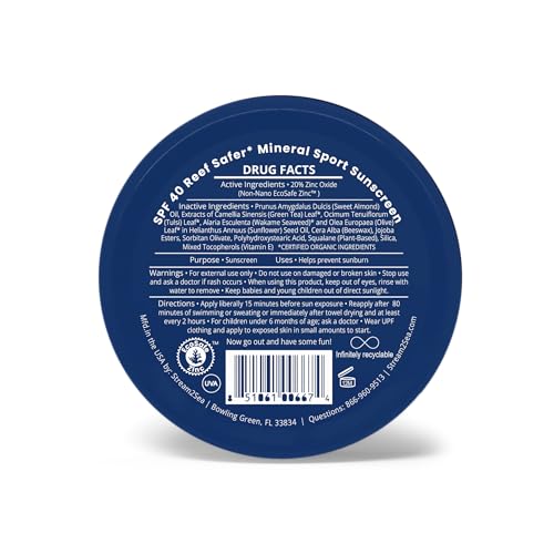STREAM2SEA SPF40 Unscented Reef Safe Mineral Sport Sunscreen in Tin with 20% EcoSafe Zinc for Face & Body, Natural Organic Biodegradable Non Toxic Coral Reef Safe Sunscreen, Travel Size, Mineral Based
