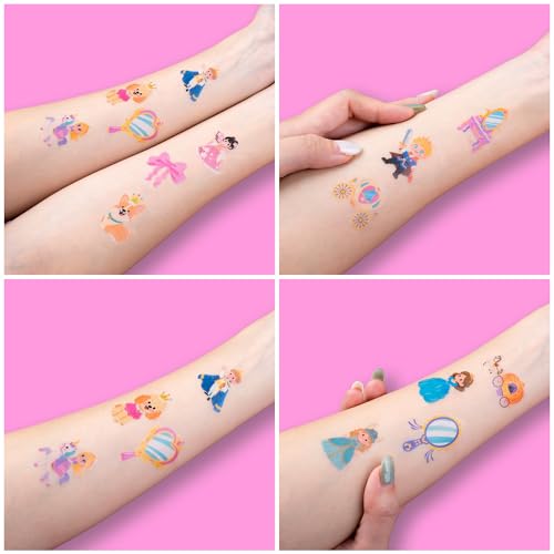 96 PCS Little Princess Pre-Cut Temporary Tattoos for Kids | Super Cute Princess Themed Birthday Party Favors, Supplies, Decorations, Castle Tattoo Stickers, School Rewards Prizes & Gifts Boys Girls