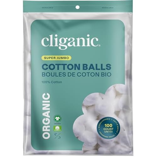 Cliganic Organic Super Jumbo Cotton Balls (100 Count) - Hypoallergenic, Absorbent, Large Size, 100% Pure (Packaging May Vary)