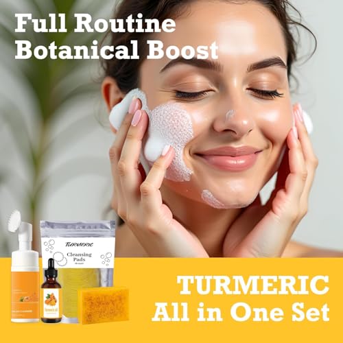 Turmeric Wash and Care 4-Piece Set ? Facial Cleanser with Brush, Soap Bars , Soft Face Cleansing Pads and Turmeric Oil ? Turmeric Face Wash Kit, Turmeric Skincare Set
