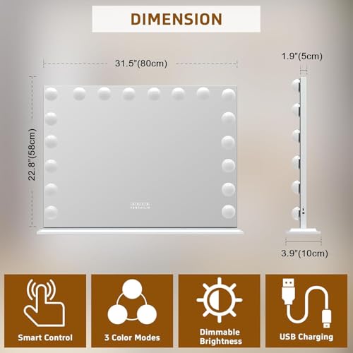 FENCHILIN Vanity Mirror with Lights 32''x23'' Tempered Glass Large Hollywood Mirror with 18 Dimmable Bulbs for Makeup Table/Hanging Bluetooth Speaker Mirror with Touch Screen & USB Charge Port