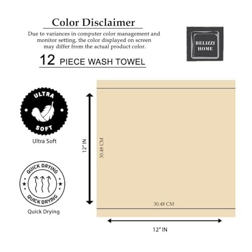 Belizzi Home Ultra Soft Cotton Washcloths, Contains 12 Piece Face Cloths 12x12 inch, Ideal for Everyday use Face Towels, Compact & Lightweight Multi Purpose Washcloths - Black