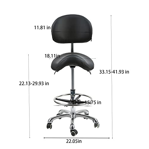 Saddle Stool Chair with Backrest Swivel Hydraulic Ergonomic Tilt Seat Chair with Wheels Footrest for Medical Hospital Clinic Dental Hygienist Esthetician Beauty Salon Hair Stylist Black