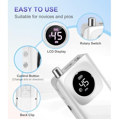 Portable Nail Drill Professional 45000 RPM, Rechargeable Electric Nail File Machine E File for Acrylic Gel Polishing Removing, Cordless E-File with Bits Kit for Manicure Salon Home