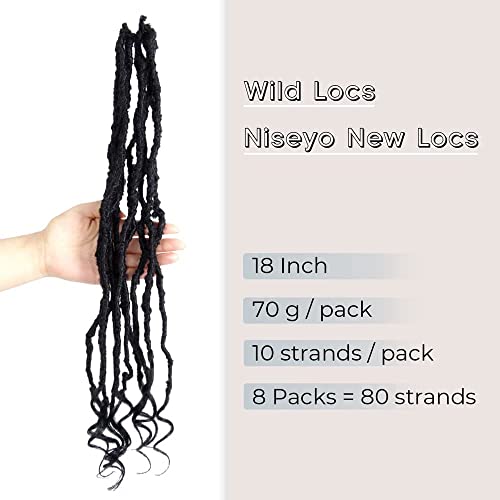 Niseyo Wild Goddess Locs 18 Inch Distressed New Faux Locs with Curly Ends 8 Packs Long Soft Pre-looped Crochet Hair (2#, Off Black)