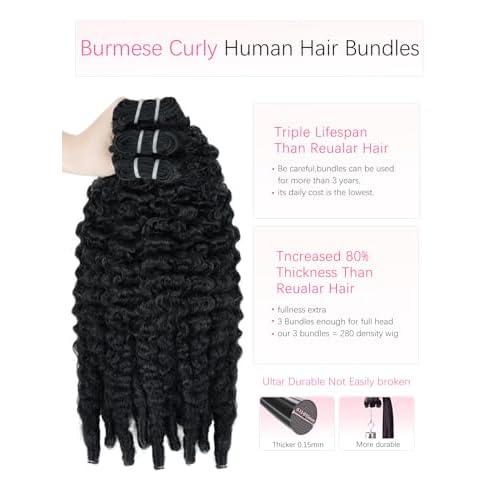 15A Raw Burmese Curly Bundles Human Hair,One Bundles 24 Inch Curly Human Hair,Triple Lifespan Indian Virgin Hair,Quick Weave Hair Extensions Natural Black