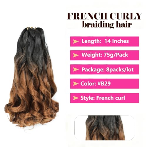 French Curl Braiding Hair 14 Inch 8 Packs French Culy Braiding Hair Ombre Brown Loose Wavy Synthetic Hair Extensions for Black Women (14 inch 8 Pcs, B29)
