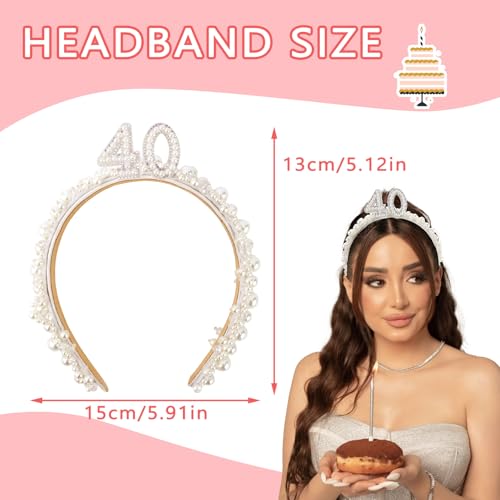 40th Birthday Headband for Women, 40th Birthday Crown for 40th Birthday Outfit Dress for Women, Birthday Headband with Pearl for 40th Birthday Decorations, Happy 40th Birthday Decorations