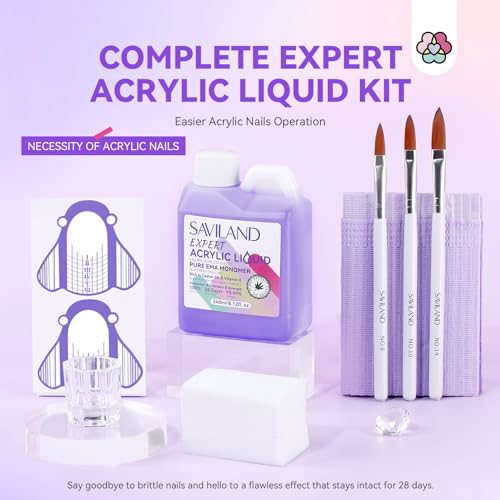 Saviland 8OZ EMA Acrylic Liquid Monomer: Pure EMA Odorless Liquid Monomer Professional Nail Monomer Liquid Kit for Acrylic Powder with Acrylic Brush Dappen Dish Nail Table Mat Nail Tech Salon