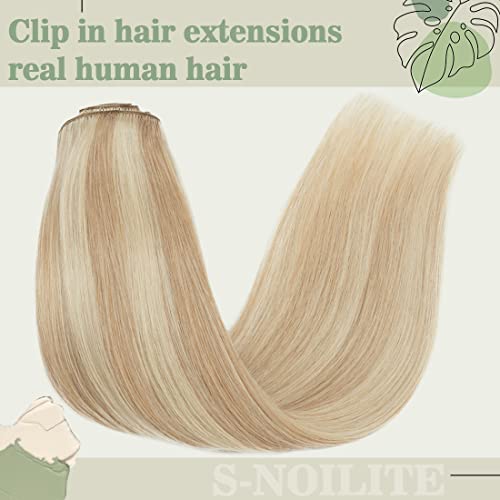 S-noilite Clip in Human Hair Extensions Balayage 100% Real Human Hair Thick True Double Weft Full Head 8 Pieces 18 clips Straight silky (18 inch - 140g,Ash Blonde/Bleach Blonde (#18/613))