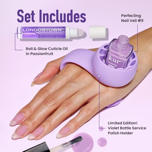 LONDONTOWN Violet Vibes Nail Polish Set - Perfecting Nail Veil #9, Sheer Lilac Tint, .40fl oz, with Bottle Service Polish Holder and Roll & Glow Cuticle Oil, Passionfruit for Dry Cracked Cuticle Care
