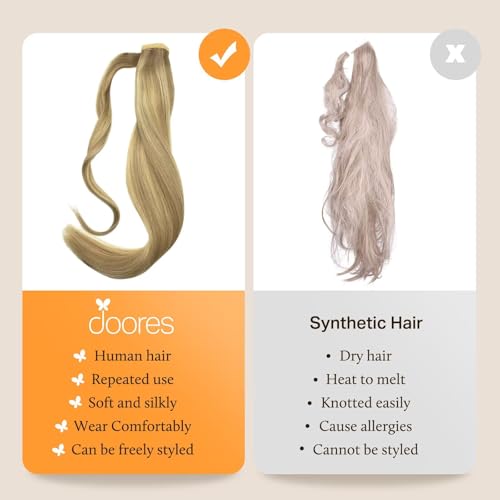 DOORES Human Hair Extensions Ponytail Extension Balayage Light Blonde Highlighted Golden Blonde 20 Inch 90g Clip in Hair Extensions Wrap Around Clip in Straight Ponytail Hair Piece with Magic Paste