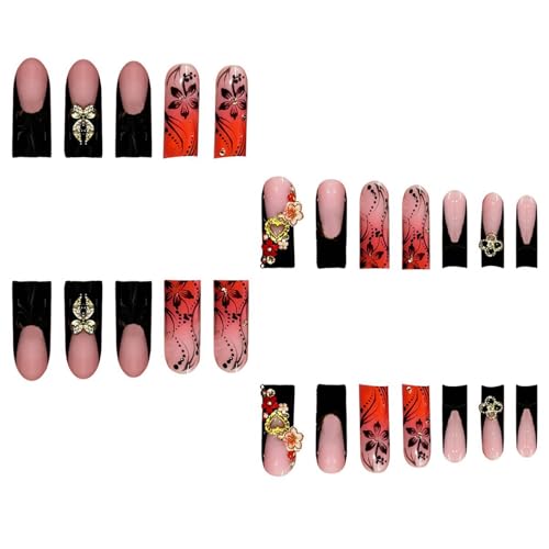 24Pcs Red French Tip Fake Nails Long Square Press on Nails pink Full Cover Glue on Nails with 3D Flower and Rhinestones Designs False Nails Gold Metallic Heart Acrylic Nails for Women
