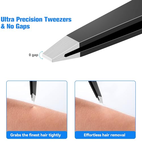 Tweezers for Women Facial Hair, 4Pcs Professional Beauty Tools Stainless Steel Precision Eyebrow Tweezers for Splinter Blackhead and Ingrown Hair Removal, Black