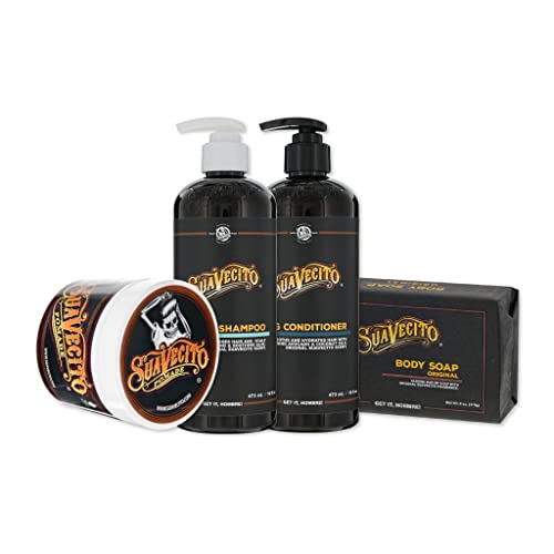 Suavecito Hair & Body Essentials 4 Piece Set - Includes Styling Pomade, Moisturizing Body Soap Bar, Hydrating Shampoo & Nourishing Conditioner