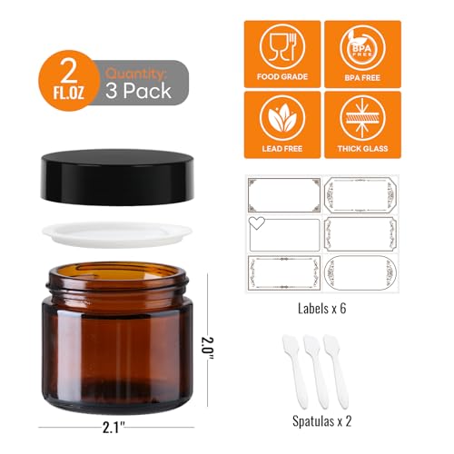 3 Pack 2 oz Amber Glass Jars with lids, Cosmetic Jars with Inner Liners and Black Lids, Lotion Jars, Candle Making Jars for Lotions, Scrubs and Cosmetic, Lables and Spatulas Include