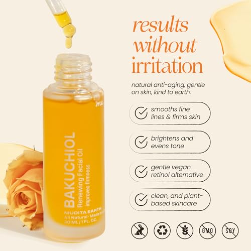 Mudita Earth Bakuchiol Face Oil ? Retinol Alternative for Women | Chia Seed & Prickly Pear Serum for Gua Sha & Lymphatic Drainage | Plant-Based Oil for Scar Heal, Healthy-Aging for Oily Skin - 1 fl oz