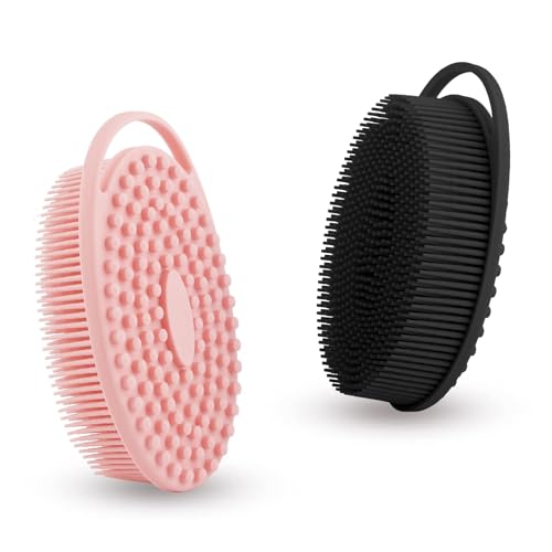 Soft Silicone Body Scrubber 2 PCS Silicone Body Shower, Silicone Loofah 2 in 1 Bath and Shampoo Brush, Body Scrubber Shower Cleaning Exfoliating Use for Sensitive Skin, Lather Well(Black and Pink)