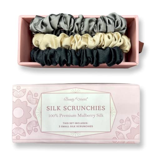 Silk Scrunchies | Premium Handcrafted 25 Momme Mulberry Silk Hair Bands | Elastics Ties Ponytail Holders and Hair Accessories (Small Scrunchies (3), Bedrock, Midnight, Champagne)