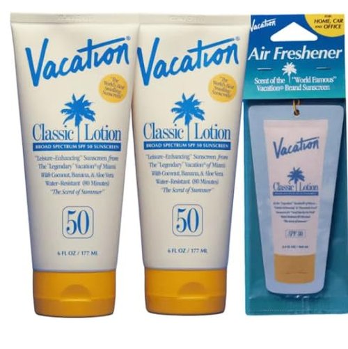 Vacation Classic Lotion Broad Spectrum SPF 50, Dermatologist Tested, Light Weight, Transparent on all skin tones, Pack of 2 each contain 6 FL OZ Plus Vacation Brand Air Freshener