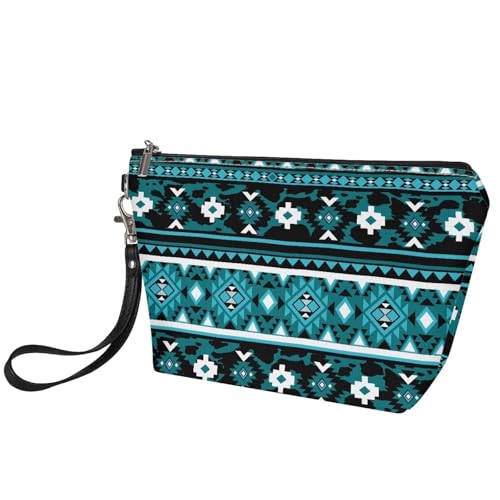 GIFTPUZZ Aztec Blue Cosmetic Makeup Bags Pouch Organizer Case Toiletry Storage Bag for Women Travel Gym Storage Brush Pouch Zippered Waterproof Coin Case