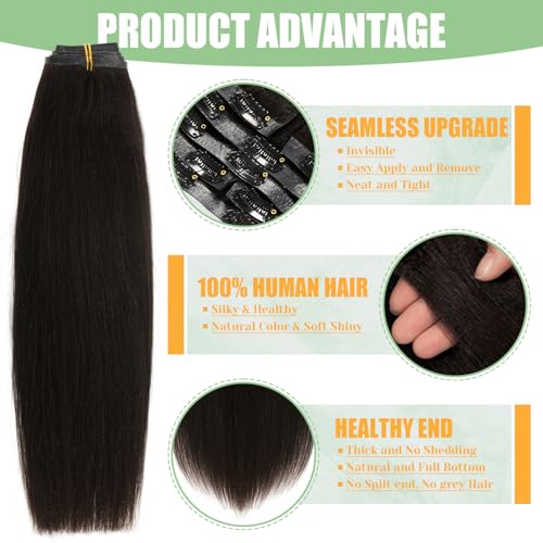Loxxy Invisible Yaki Straight Clip Ins Seamless Natural Black PU Clip in Human Hair Extensions Thick 22 Inch Yaki Clip Ins for Black Women 110 Gram 7 Pieces #1B Color