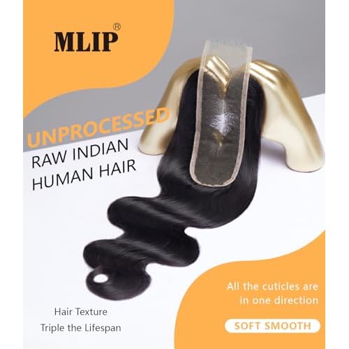 Mlip 2x6 HD Lace Closure Body Wave, 0.10mm Ultra Thin Invisible Swiss Lace, Skinlike Real HD Lace Melt into Skin Perfectly, Pre-plucked Natural Hairline, Raw Indian Human Hair 14 Inches
