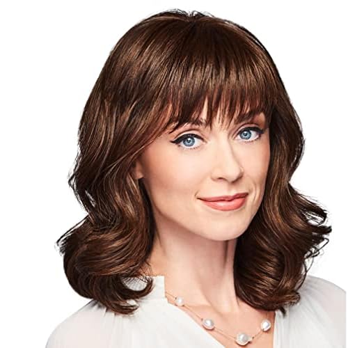 GABOR Ambitious Essential Collection Wig Cap, Mid-Length With Soft Bangs and Beachy Wave by Hairuwear, Medium Brown