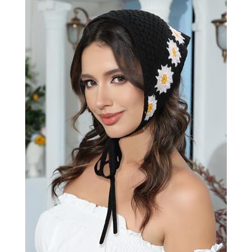 AWAYTR Crochet Head Scarf Hair Bandanas Women Knit Bandana Headband Scarf Tie-Back Head Coverings Floral Headscarf for Girls
