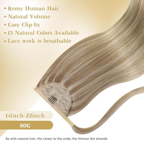 Ve Sunny Ponytail Extension Real Human Hair for Women Clip in Ponytail Hair Extension Straight Hair Pieces Wrap Around Dark Ash Blonde Highlights Golden Blonde 14inch 80G