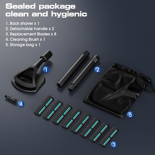 ZOMU Back Shavers for Men:Back Hair Shaver and Body Shavers for Men with Safety Blade Technology & Ergonomic DIY Long Handle, Wet or Dry Shaving-Black(Replaceable 8PCS 3.5inch Blades Included)