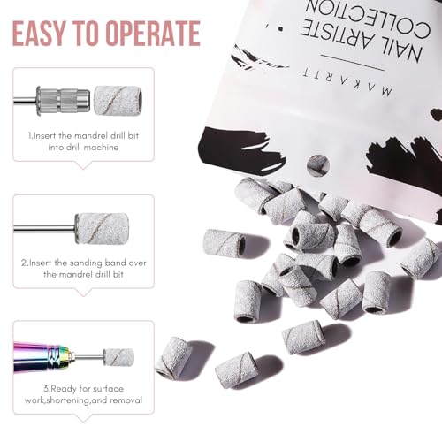 Makartt Sanding Bands for Nail Drill-100 Pcs Nail File Sanding Bands for Drill Bits #180 Medium Grits for Acrylic Nails Gel Removing and Shaping, Upgrade Thicker Durable Sanding Drill Bit, White