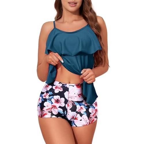 Womens Tankini Swimsuits with Boy Shorts Tummy Control Plus Size Modest Flounce Vintage Tank Top Two Piece Bathing Suits