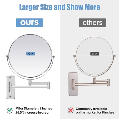 Large Size 9-in Wall Mounted Magnifying Makeup Mirror 1X/10X Magnification,Extendable Bathroom Mirrors Wall Mount Vanity Mirror for Shaving,12-in Folding Arm,Flexible Adjustable,Space-Saving,No Light