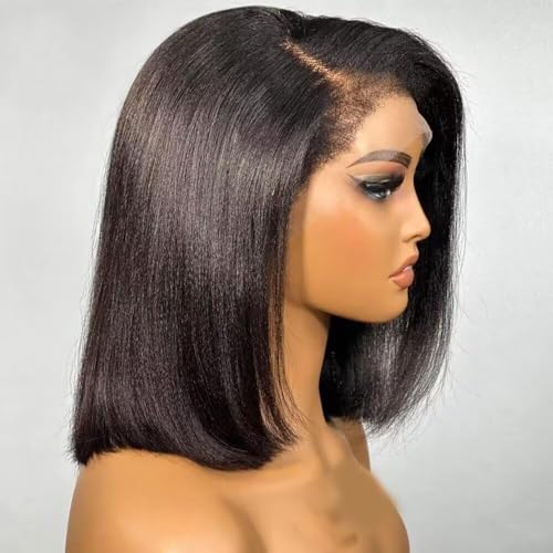 Natural Color 4C Kinky Edges Curly Baby Hair Hairline Yaki Straight Bob 13X4 HD Lace Front Pixie Cut Wig Glueless Human Hair Pre Plucked with Bleached Knots 180 Density for Black Woman 12 Inch
