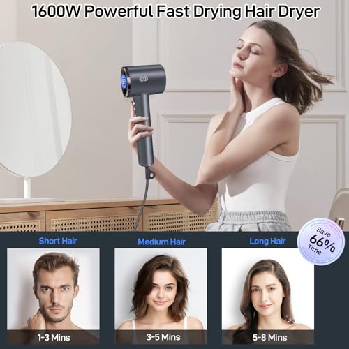 CIICII Negative Ionic Hair Dryer Professional, 120000RPM High Speed Blow Dryer (1600W Brushless/ 3-Speed/ 4-Temp & HD Display & Portable Bag) Fast Drying Hairdryer for Home, Travel & Salon (Black)