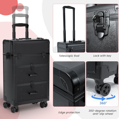Large Rolling Makeup Train Case, Professional Travel Cosmetology Case on Wheels with Drawers, 3 Tiers Nail Organizers Storage Case for Nail Tech, Tattoo, Hairstylist, Makeup, Extra Large