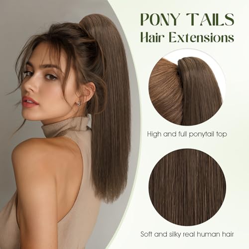 Ponytail Extension, 22 Inch Claw Clip Ponytail Extension Human Hair Long Straight Jaw Clip in Real Hair Pony Tails Hairpieces for Women Chocolate Brown
