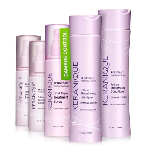 Keranique Damage Control Set for Thinning Hair - Shampoo and Conditioner for Damaged Hair, Follicle Booster Serum, Lift & Repair Spray - Keratin Enriched Repair Products for Women with Dry, Thin Hair